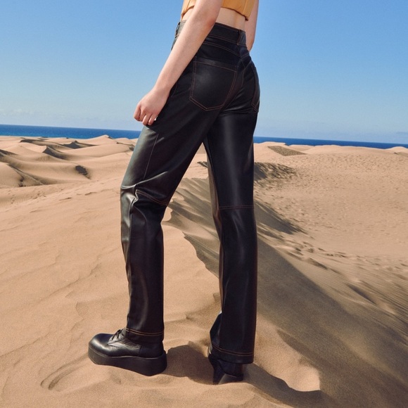 14- NWT XXL Zara | Faux Leather Contrast Stitching Pants black, tan stitching - Picture 8 of 13